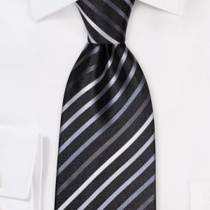 Black Necktie With Silver, Gray, and White Stripes