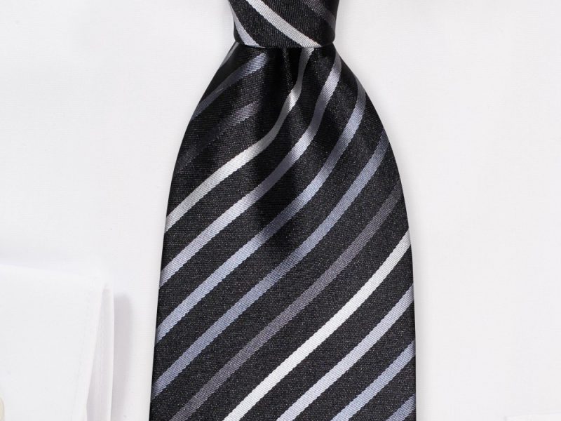 Black Necktie With Silver, Gray, and White Stripes